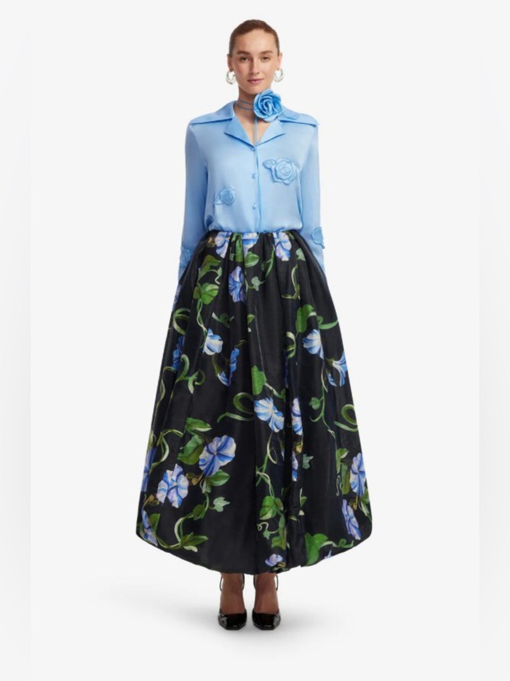 Leo Lin Kristina Powder Blue Floral Appliqué 100% Silk Button Up  Blouse AU8/US4